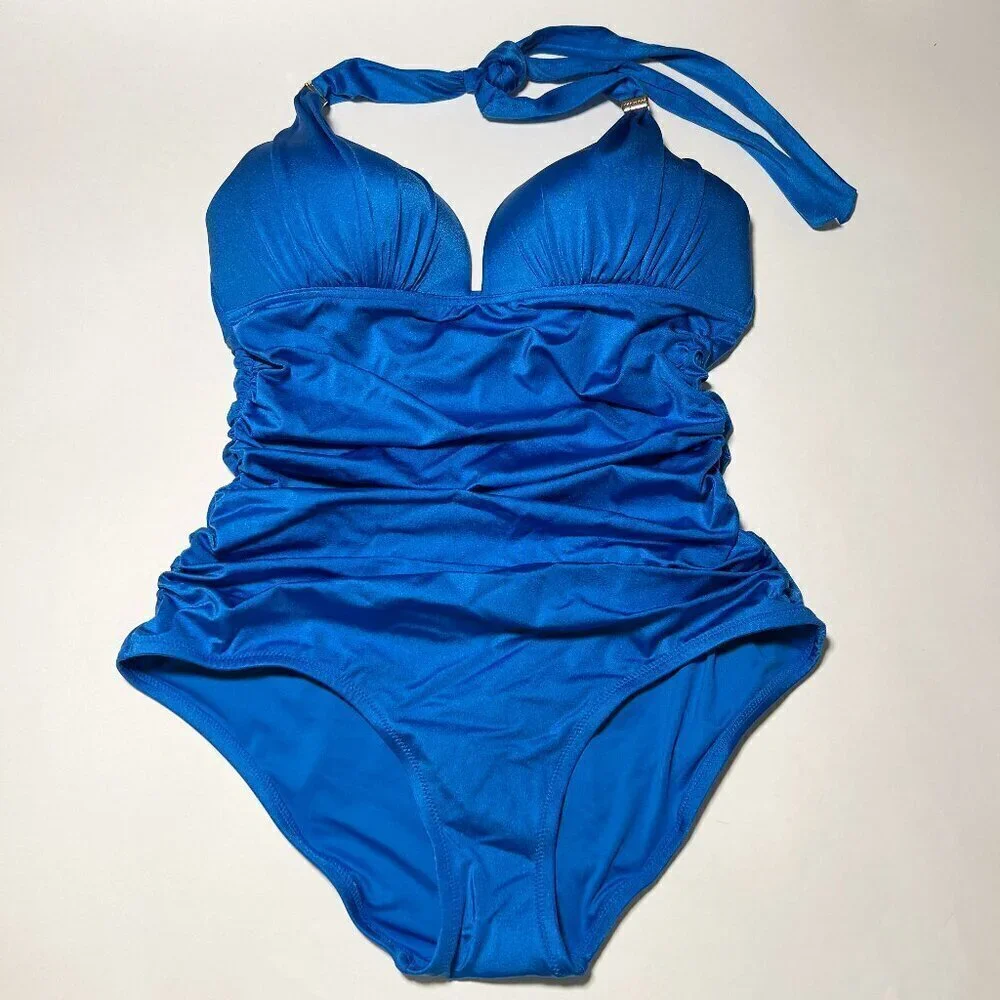 Victoria Secret Large L One Piece Swimsuit Bikini Push Up Ruched Shocking Blue